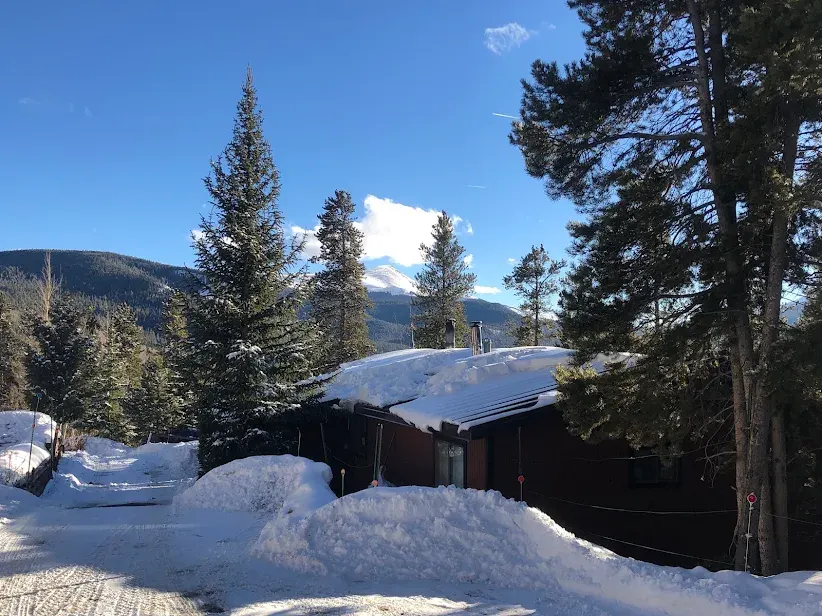 A dark wood mountain home with a snowy roof, tall pines, and plowed snow banks along the drive